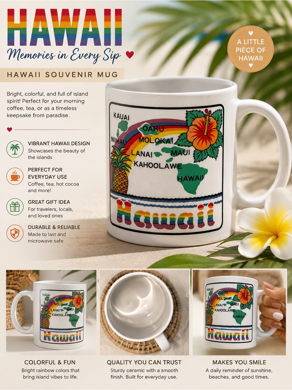 Hawaii Vintage Souvenir Ceramic Mug - White with Rainbow Design